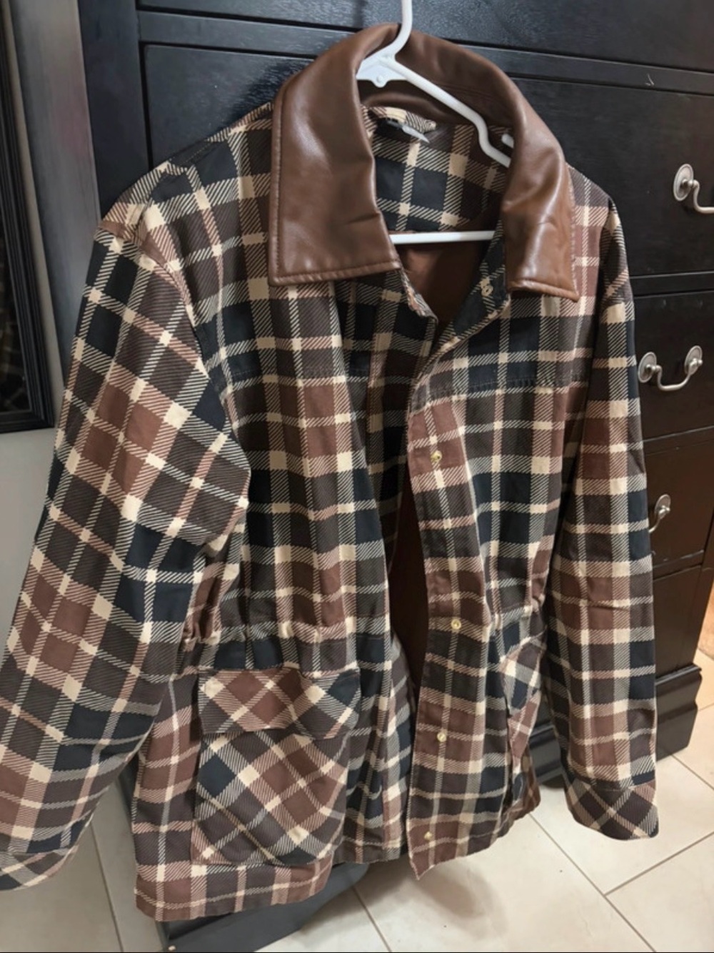 H&M Brown and Cream Plaid Field Jacket with Faux Leather Collar